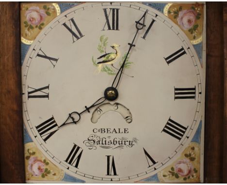 An Antique oak long case clock, having painted dial, 30 hour movement striking on a bell, by Beale of Salisbury, full length 