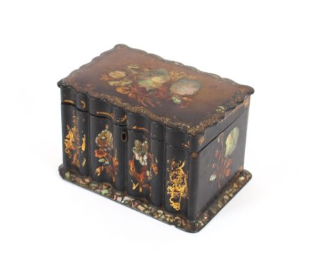 A 19th&nbsp; Century papier mache and mother of pearl inlaid tea caddy, 20cm wide, (lid AF)