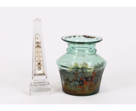 A Victorian glass obelisk shaped thermometer, 7.5cm high; and an Antique green glass baluster vessel having painted decoratio