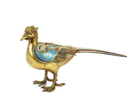 A 19th Century Chinese Champleve enamel and brass incense burner, in the form of a pheasant, 34cm long