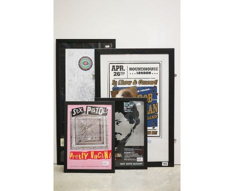 Memorabilia - 4 framed and glazed items to include Bob Dylan reproduction Roundhouse poster with original ticket and wristban