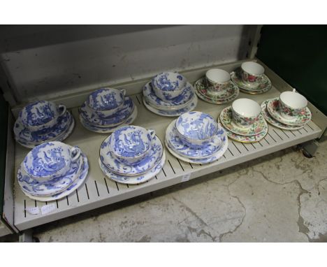 A group of Royal Worcester blue and white dragon decorated cups, saucers and plates, together with Staffordshire floral cups,
