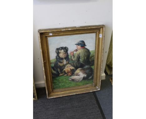 A Young Boy Playing a Pipe, Seated with Two Dogs oil on board.