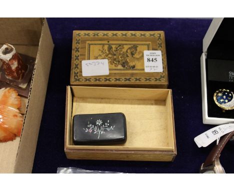A Tunbridge ware box and a small snuff box.