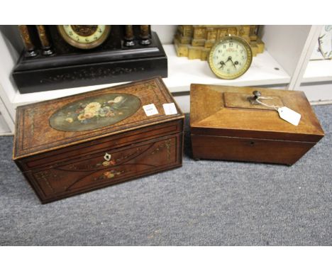 A good 19th century tea caddy with painted decoration together with another caddy.