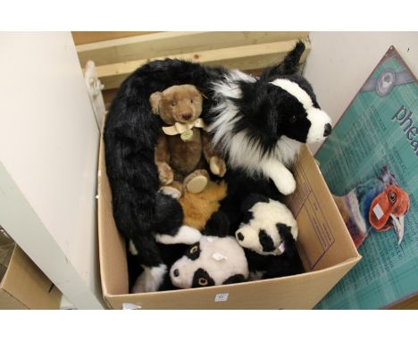 A modern Steiff collector's Teddy Bear, a similar Panda Bear and other soft toys.