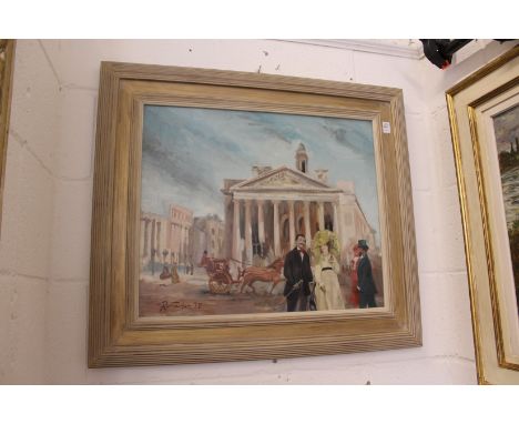 R. Fowler Elegant Figures Promenading Beside a Horse and Carriage with Classical Buildings oil on canvas.