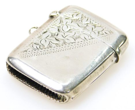 An Edwardian silver vesta case, of rounded outline, partially engine turned with ring hook side and match strike base, Birmin
