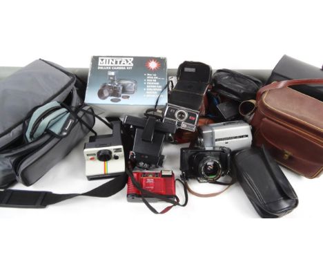 Various camera equipment, etc., Mintax Deluxe camera kit partially boxed, 25cm wide, Ibex cased with Ferrania camera with 1:7