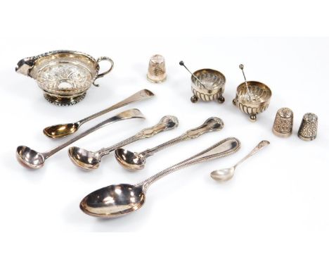 Various silver etc., thimbles, cutlery, other flatware, compressed milk jug, etc, 6oz all in.  (a quantity, various dates and