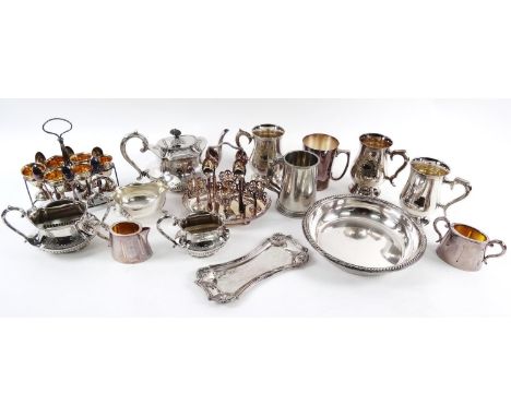 Various silver plate, Rococo style pen stand of shaped outline, 25cm wide, egg cruet set, three footed sauce boat, part tea s