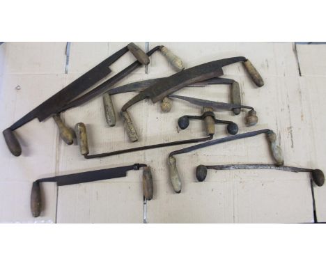 Various heavy duty cutting tools, choppers, etc., with wooden turned handles and metal centres, 51cm wide, etc.  (a quantity)