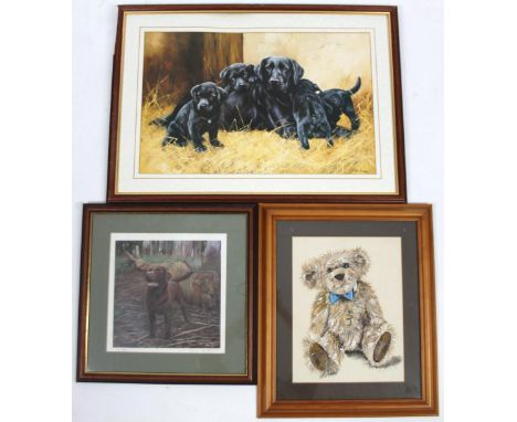 After John Trickett. Black labradors, print, 48cm x 52cm. two other pictures, gun dog, etc, (3). 