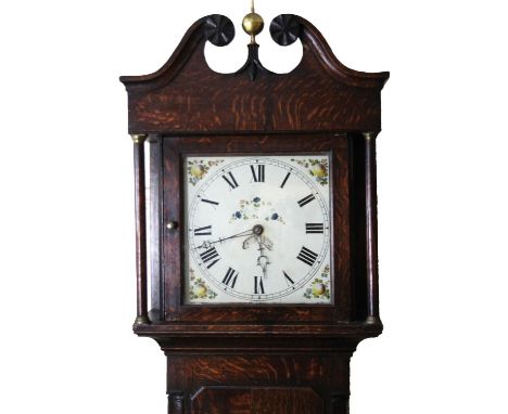 An early 19thC oak country clock, the swan neck pedimented hood holding a square painted 29cm wide dial, with Roman numerals 