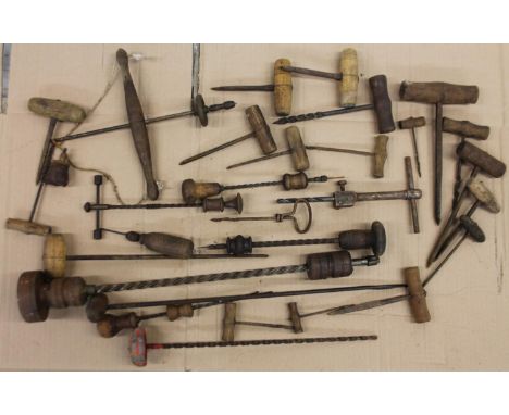 Various early 20thC and later tools, hand screwdrivers/corkscrews, 15cm high, various other tools, etc.  (a quantity)