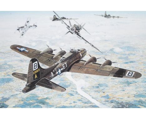 After Geoff Pleasance.  American B-17 Bombers and Meesserschmitt in combat, signed limited edition, coloured print, c.1995 20