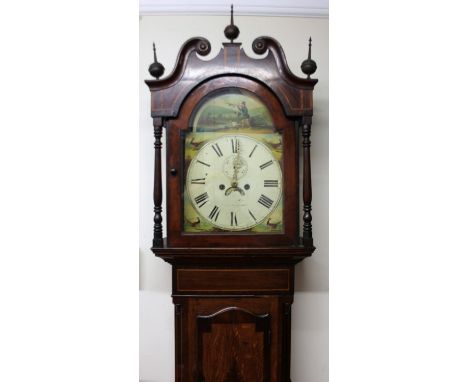 A mid 19thC oak and mahogany country longcase clock, the swan neck pedimented hood housing a 32cm wide painted arched dial si