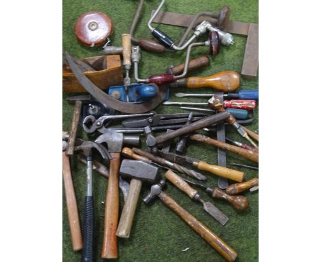 Various hand tools, metal wood plane marked Whitmore 110, 21cm wide, brown leather tape measure, hand sickle, other hand tool