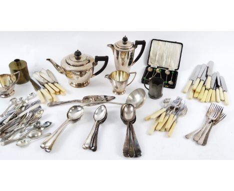 A silver plated part service, by Mappin & Webb, comprising water jug, tea pot, sugar bowl, and milk jug, each piece marked be