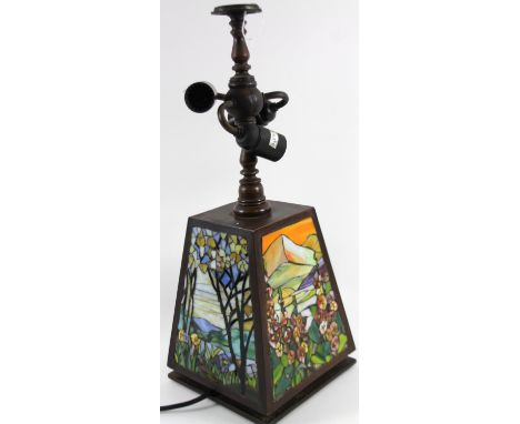 A 20thC table lamp, in a Tiffany style, of tapering outline with electrical feature, set with micro mosaic style panels of fo