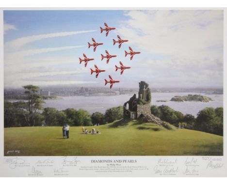 After Phillip West.  Diamonds and Pearls signed artist print no. 527/1000, with various Red Arrows signatures to include D Je