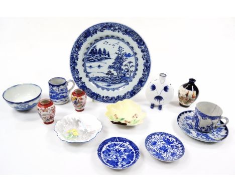 Oriental china, blue and white porcelain plate, 25cm dia., Japanese cabinet cup and saucer decorated with flowers and upper f