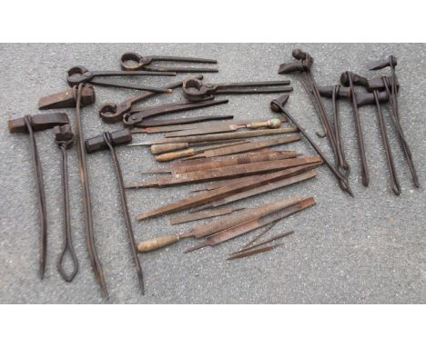 Various early 20thC coopering anvil tools, with shaped ends, 65cm wide, anvil pliers, various hand vices.  (a quantity)