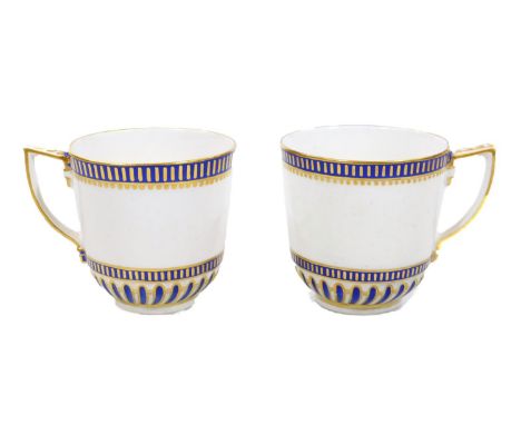 A pair of unusual large size 18thC coffee or chocolate cups, c. 1770, decorated with Smiths blue bands and gilt strips, blue 