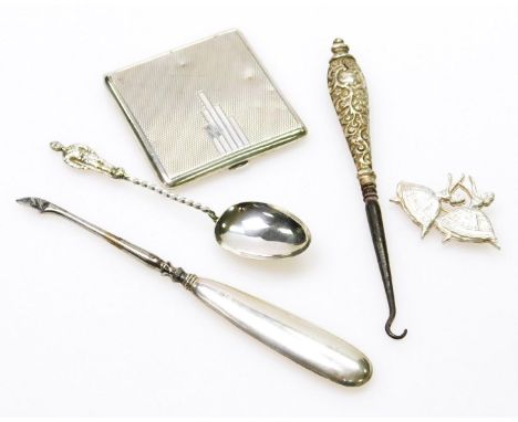 A George VI Art Deco design silver powder compact, of rounded square outline, Birmingham 1937, 7cm wide, and various flatware