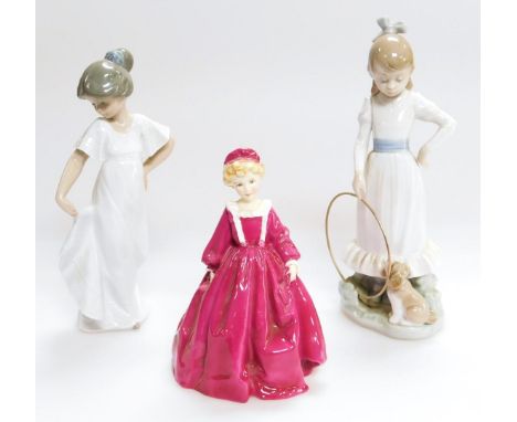 A Royal Worcester Doughty figure Grandmother's Dress, no. 3081, 18cm high, and two Nao figures of girls, printed marks beneat