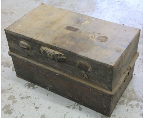 A late 19thC wooden plank top tool chest, with metal insert marked Ken J Kilby Cooper, with metal handles, 41cm H, 77cm W, 45