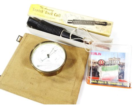 Various bygones, collectables etc, a boxed Scotch duck call whistle, 35cm wide, brass case, hanging barometer, etc. (a quanti