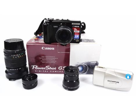 Various cameras and accessories, a Canon Power Shot G5 digital, boxed with accessories, (the box 26cm wide), Cobra camera cas