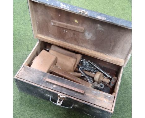 An ebonised tool chest of rectangular outline, hinging to reveal a quantity of various hand tools, 37cm high etc. (a quantity