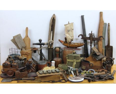 Various early 20thC and other bygone tools, coopering items, furnace pieces, etc., other bygones and collectables, brass shel