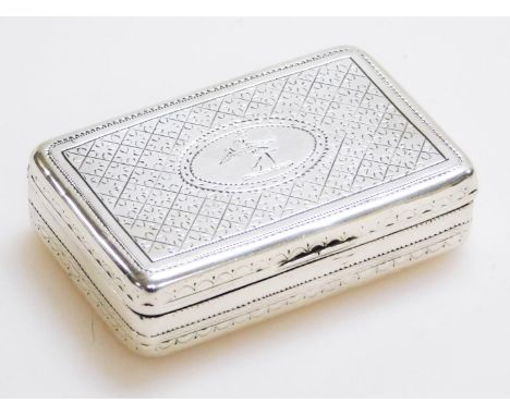 A George III silver and silver gilt snuff box, by Samuel Pemberton, of oval outline, the engine turned hinged lid centred by 