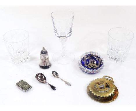 Various 20thC Masonic items, a goblet with double air twist stem, 20cm high, paperweight, caddy spoon, two etched drinking gl
