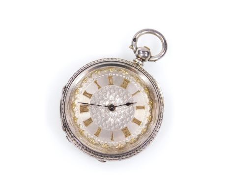 A fancy ladies fob watch, the 4cm dia. Roman numeric dial with stencilled back, in an engine turned case with (vacant) cartou