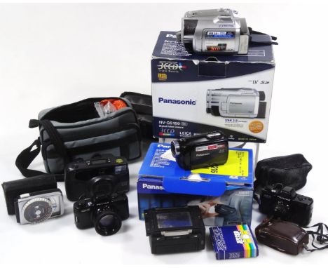 A Panasonic NVGS150 digital video camera, with Leica Dicomor Sekonic light meter in leather case, 8cm high, Pentax Auto 110 P