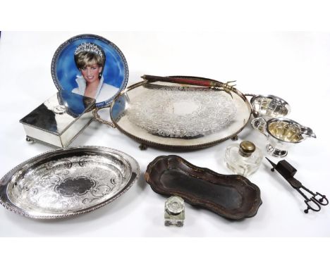 Various 20thC silver plate, to include a box set with George IV coin with a part beaded outline on orb feet, 7cm H, 17cm W, 1