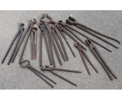 Various coopering and anvil tools, tongs, early 20thC and later, 42cm high, etc.  (a quantity)