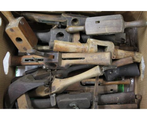 Various bygone hand tools, treen, 34cm wide, etc.  (a quantity)