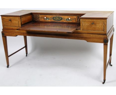 A 19thC square piano come sideboard writing desk, of D-end outline with articulated centre with a partially inlaid top, side 