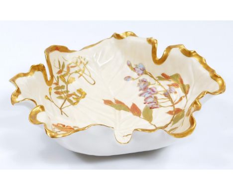 A Royal Worcester 362 pattern leaf shaped dish, with textured design, decorated with gilt highlighted flowers predominately i