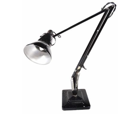 A mid 20thC Bauhaus design angle poise lamp, with shaped shade, articulated stem and stepped square base, in black colour way