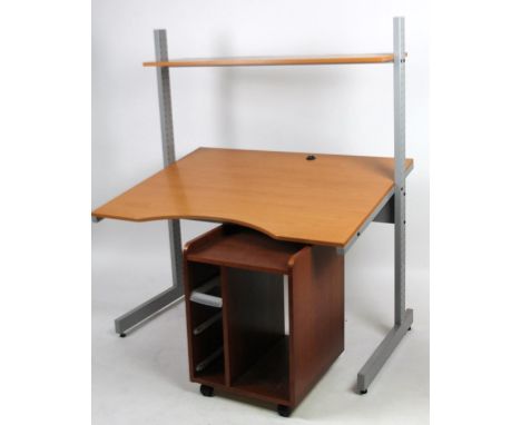 A modern light wood computer desk, 159cm high, with pedestal under cabinet.