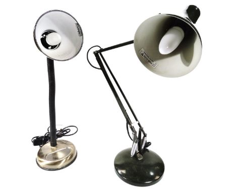 A mid 20thC Bauhaus design angle poise lamp, with cone shaped shade, angular stem and circular foot, in green colour way, the