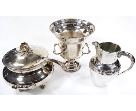 Various 20thC silver plate, comprising of a lidded soup tureen with floral knop, compressed circular lid, bombe circular body