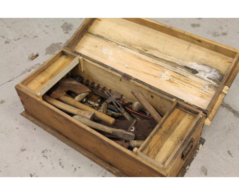A 19thC pine slatted tool chest, marked Ken J Kilby Master Cooper, the rectangular overhanging top, hinging to reveal a part 