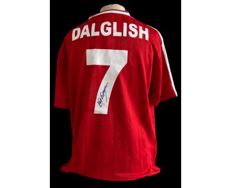 Football Kenny Dalglish signed Liverpool Crown Paints retro replica home shirt. Good condition. All autographs come with a Ce